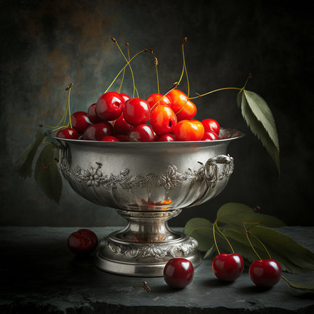 Illustration of a gorgeous still life embossed silver bowl of red cherriesの素材
