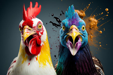 Illustration of a closeup of two chickens decorated with splashed colorful paintの素材