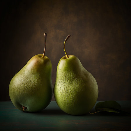 Illustration of a gorgeous still life of two green pears against a textured brown backgroundの素材