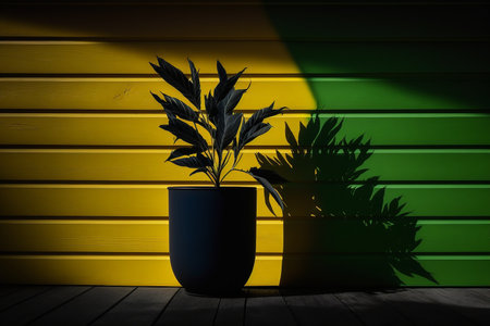 Illustration of a silhouette shadow created by a pot plant against a yellow and green wallの素材