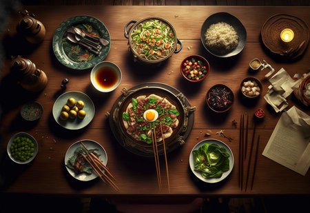 Table of a huge array of delicious food ready for a party, generative Aiの素材
