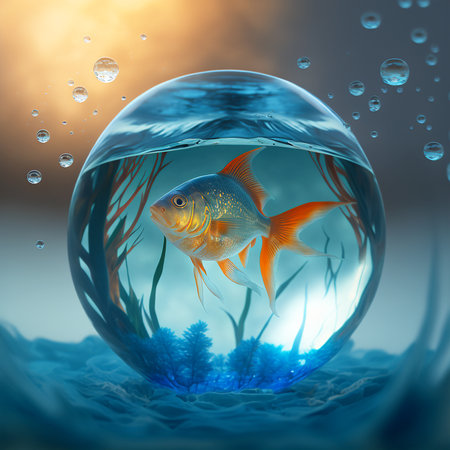 Creative illustration of goldfish swimming in a transparent glass bowlの素材
