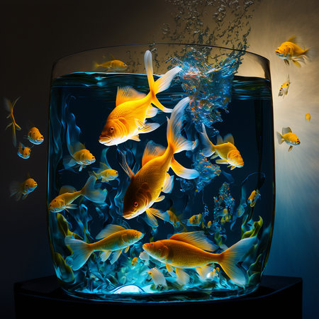 Creative illustration of goldfish swimming in an aquariumの素材