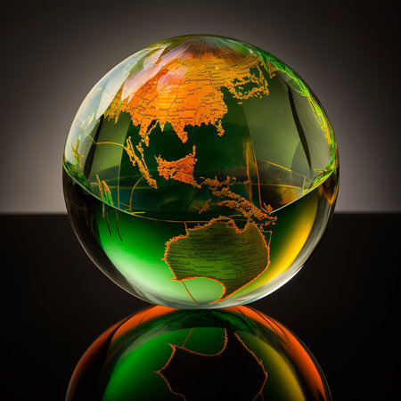 Creative illustration of a map floating in a transparent glass globeの素材