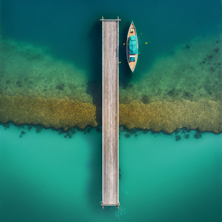 Top down view of a long jetty and a boat, stunning scenery, an illustrationの素材