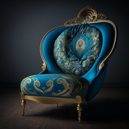 Classic blue armchair in dark room with golden ornament. 3d renderの素材