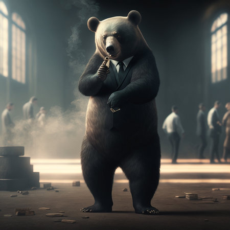 Grizzly bear with a smoking pipe in a dark roomの素材