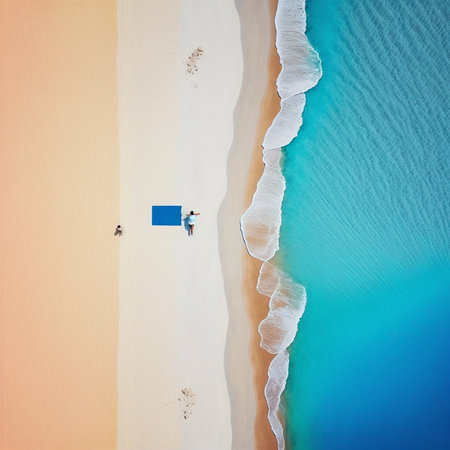 Top down view of people on a lonely beach with a beautifully colored blue ocean, an illustrationの素材