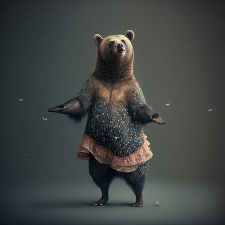 Fashionable brown bear in a dress on a dark background.の素材