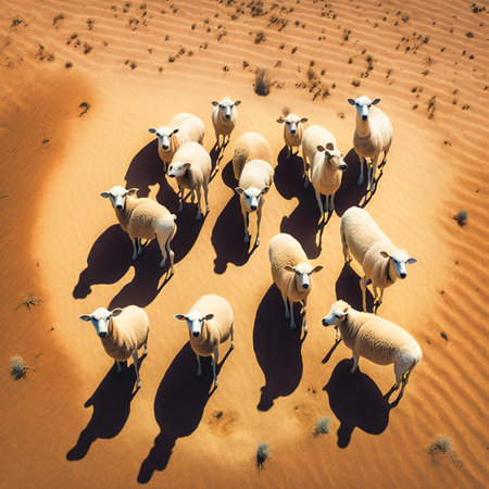 Top down view of a flock of sheep looking upwards from a dusty paddock, an illustrationの素材