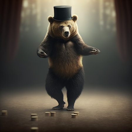 Cute brown bear in a cylinder with a black top hat stands on his back and holds gold coins.の素材