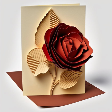 3d render of red rose on a sheet of paper and envelopeの素材