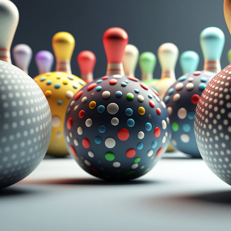 Illustration of colorful 3 D dots in a bowling ball and pinsの素材