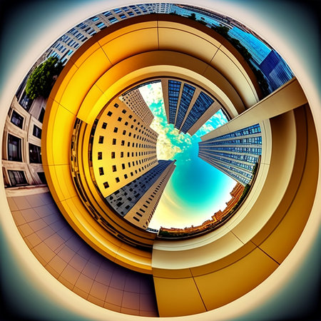Illustration of the strong visual distortion of a fish eye lens on a cameraの素材