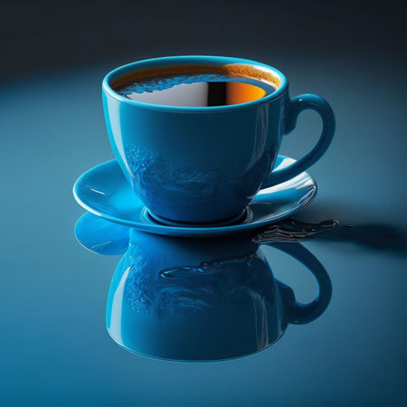 Illustration of a cup of coffee reflected on a shiny surfaceの素材