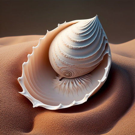 Illustration of a beautiful seashell resting in sand on a beach, unusual abstract shape.の素材