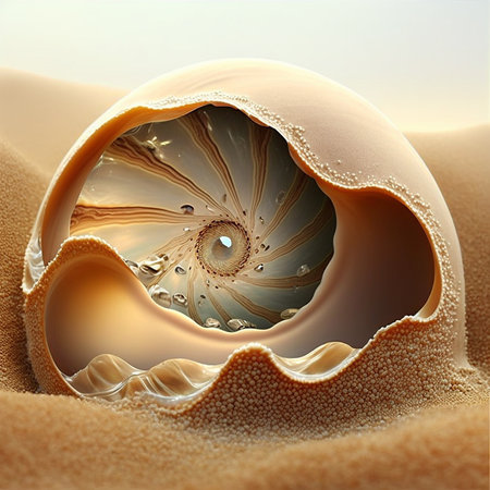 Illustration of a beautiful seashell resting in sand on a beach, unusual abstract shape.の素材