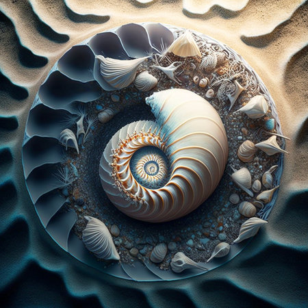 Illustration of a beautiful seashell resting in sand on a beach, unusual abstract shape.の素材