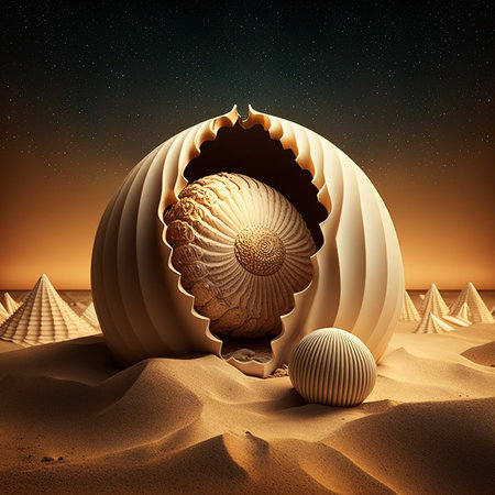 Illustration of a beautiful seashell resting in sand on a beach, unusual abstract shape.の素材