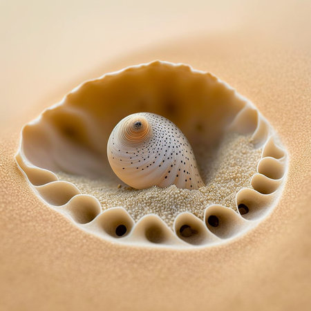 Illustration of a beautiful seashell resting in sand on a beach, unusual abstract shape.の素材