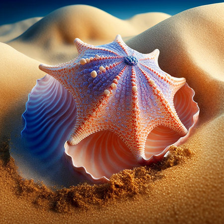 Illustration of a beautiful seashell resting in sand on a beach, unusual abstract shape.の素材