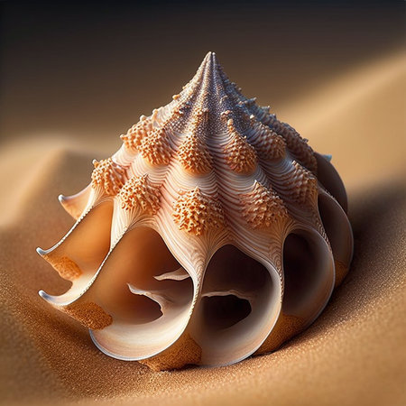 Illustration of a beautiful seashell resting in sand on a beach, unusual abstract shape.の素材
