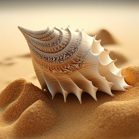Illustration of a beautiful seashell resting in sand on a beach, unusual abstract shape.の素材