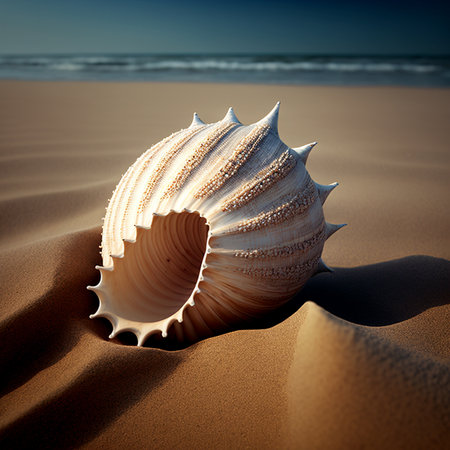 Illustration of a beautiful seashell resting in sand on a beach, unusual abstract shape.の素材