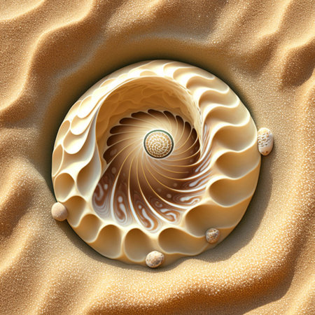 Illustration of a beautiful seashell resting in sand on a beach, unusual abstract shape.の素材