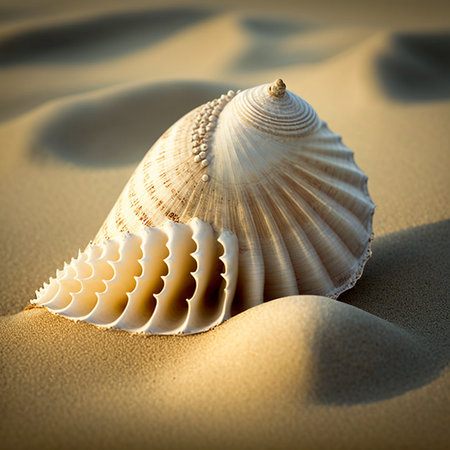 Illustration of a beautiful seashell resting in sand on a beach, unusual abstract shape.の素材