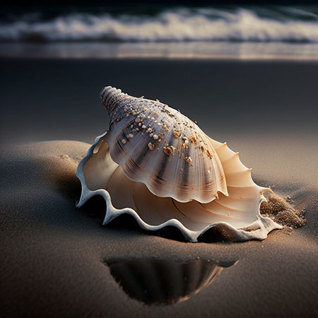Illustration of a beautiful seashell resting in sand on a beach, unusual abstract shape.の素材