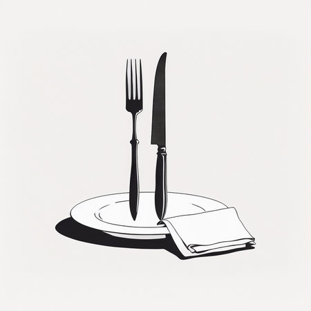 Minimilistic pencil drawing easy to be vectorized, an illustration of an upright knife and forkの素材