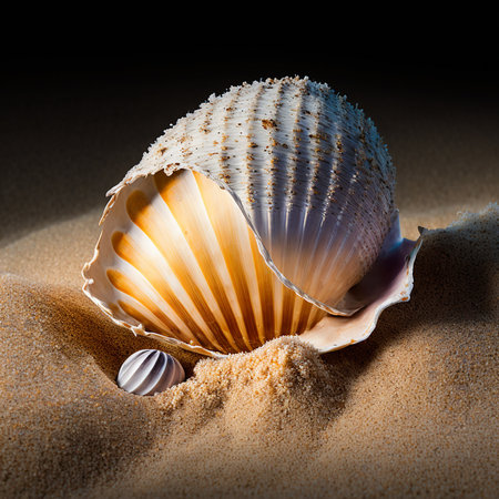 Illustration of a beautiful seashell resting in sand on a beach, unusual abstract shape.の素材