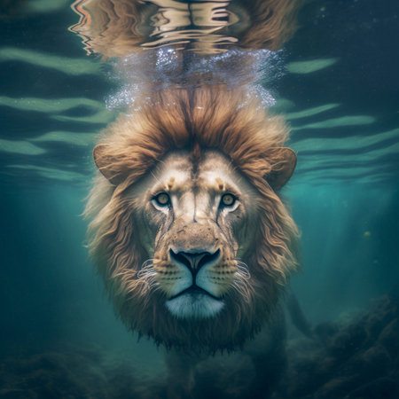 Illustration of a lion having fun swimming underwaterの素材