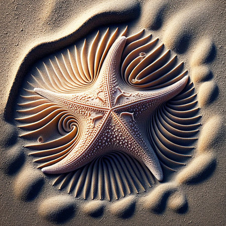 Illustration of a beautiful seashell resting in sand on a beach, unusual abstract shape.の素材