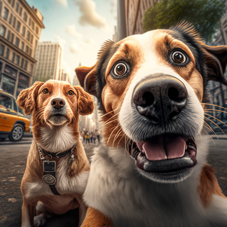 Dogs in the city taking a self portrait, looking at the camera - an illustrationの素材