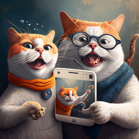 Two happy cats pose for a self portrait, an illustrationの素材