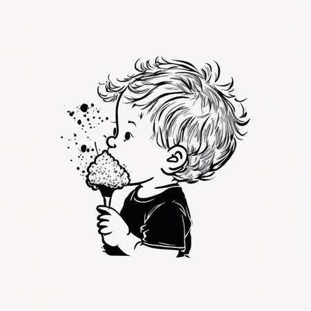 Minimilistic pencil drawing easy to be vectorized, an illustration of a child eating an icecream coneの素材