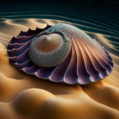 Illustration of a beautiful seashell resting in sand on a beach, unusual abstract shape.の素材