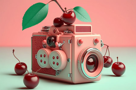 A fun illustration of a pink camera created with cherriesの素材