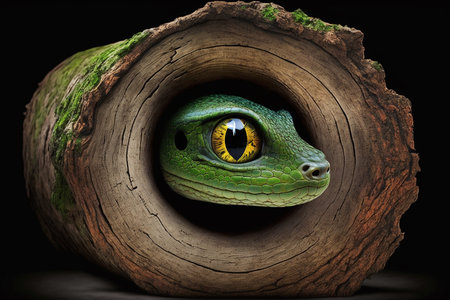 Illustration of a snake's hollow log home, his safe haven. Artistic interpretation.の素材