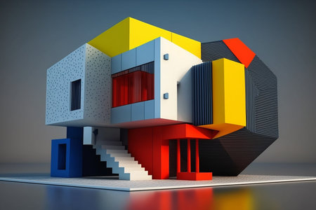 Illustration using 3 D colorful cubic building blocks for a houseの素材