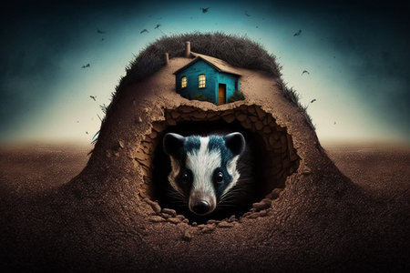Illustration of a badger home, his safe haven. Artistic interpretation.の素材