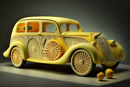 A fun illustration of a vintage car created with wheels of sliced fruitの素材