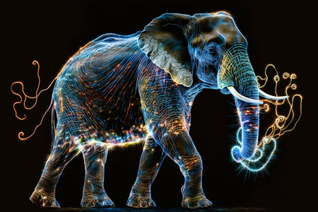 Illustration of doodling over subjects with light. Colorful light painting.の素材