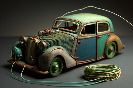 Assemblage of vintage found objects of transportation with non-traditional materials - an illustrationの素材