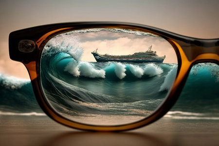 Creative illustration of looking at a colorful landscape through a pair of eye glassesの素材