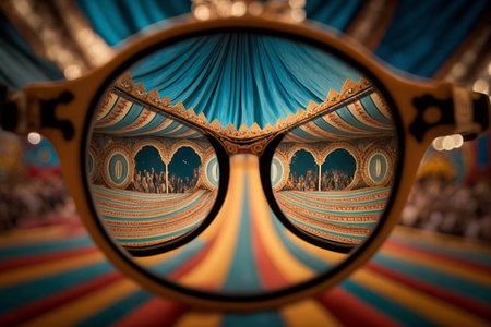 Creative illustration of looking at a colorful landscape through a pair of eye glassesの素材