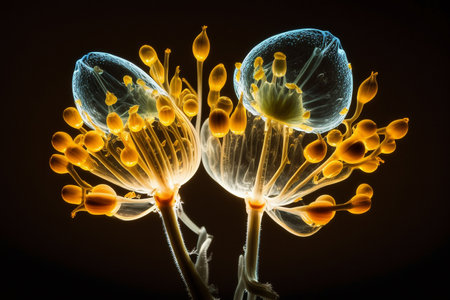 Fungal macro photograph of colorful fungal illuminated from below, jewel colors, sharp focus, clear realistic details - an illustrationの素材