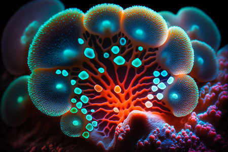 Fungal macro photograph of colorful fungal illuminated from below, jewel colors, sharp focus, clear realistic details - an illustrationの素材